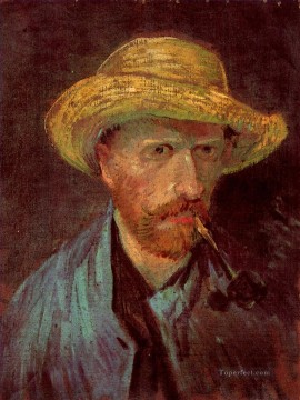 Vincent Van Gogh Painting - Autorretrato con sombrero de paja y pipa Vincent van Gogh